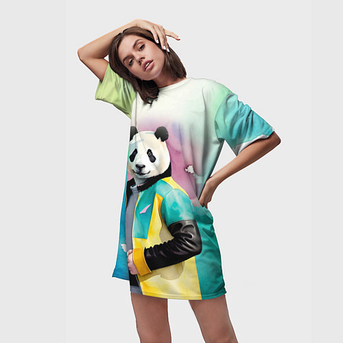 Женская длинная футболка Прикольный панда в модной куртке / 3D-принт – фото 3