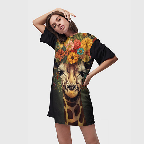 Женская длинная футболка Портрет жирафа с цветами: арт нейросети / 3D-принт – фото 3