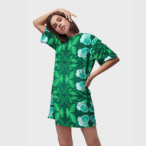 Женская длинная футболка Зелёный цветочный паттерн / 3D-принт – фото 3