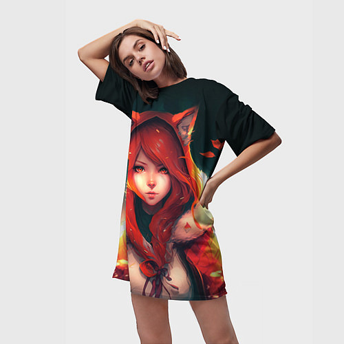 Женская длинная футболка Рыжая девушка-лиса / 3D-принт – фото 3