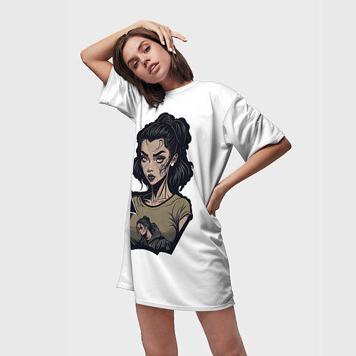 Женская длинная футболка Девушка с телефоном / 3D-принт – фото 3