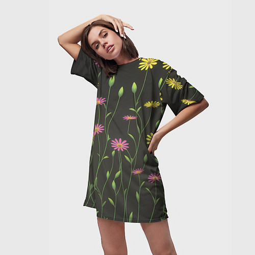 Женская длинная футболка Полевые цветочки на темном фоне / 3D-принт – фото 3