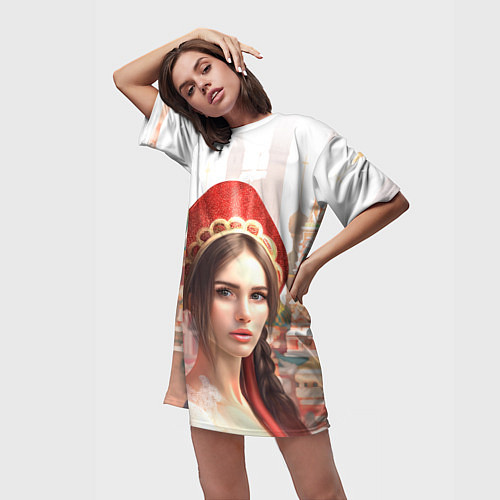 Женская длинная футболка Девушка в кокошнике с косой - кремль / 3D-принт – фото 3