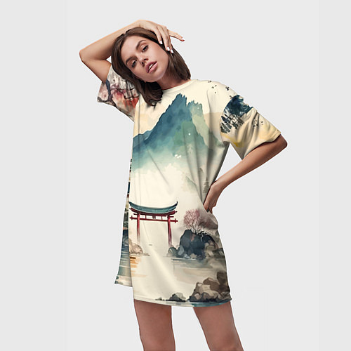 Женская длинная футболка Японский пейзаж - акварель / 3D-принт – фото 3