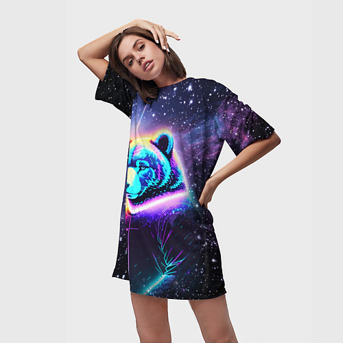 Женская длинная футболка Светящийся космический медведь / 3D-принт – фото 3