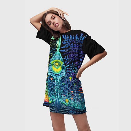 Женская длинная футболка Психоделика разноцветная - нейронная сеть / 3D-принт – фото 3