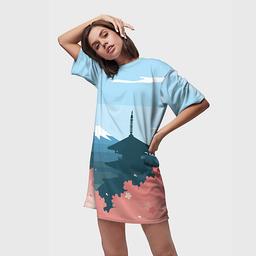 Женская длинная футболка Вид на Фудзияму - Япония / 3D-принт – фото 3