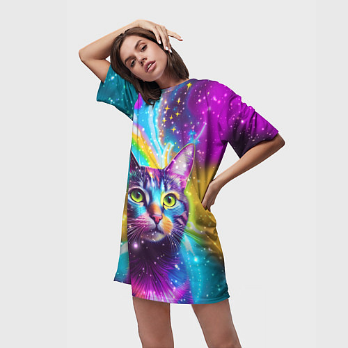 Женская длинная футболка Полосатый кот с разноцветной звездной туманностью / 3D-принт – фото 3