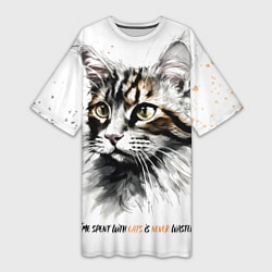 Футболка женская длинная Время с кошкой никогда не потрачено зря, цвет: 3D-принт