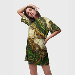 Футболка женская длинная Текстура зелёного мрамора с золотыми прожилками, цвет: 3D-принт — фото 2