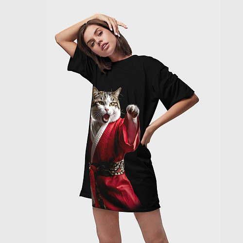 Женская длинная футболка Кот боец каратэ киокушинкай / 3D-принт – фото 3