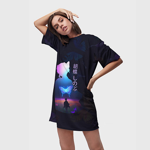 Женская длинная футболка Силуэт Шинобу Кочо на поле и светящаяся бабочка / 3D-принт – фото 3