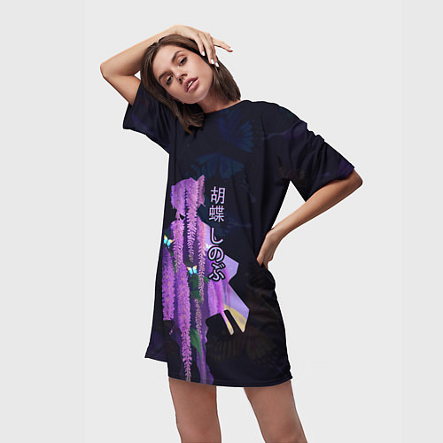 Женская длинная футболка Силуэт Шинобу Кочо, бабочки и цветущая глициния / 3D-принт – фото 3