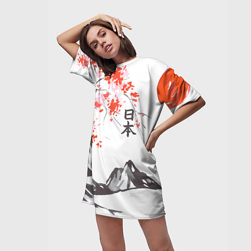 Женская длинная футболка Цветущая сакура и солнце - Япония / 3D-принт – фото 3