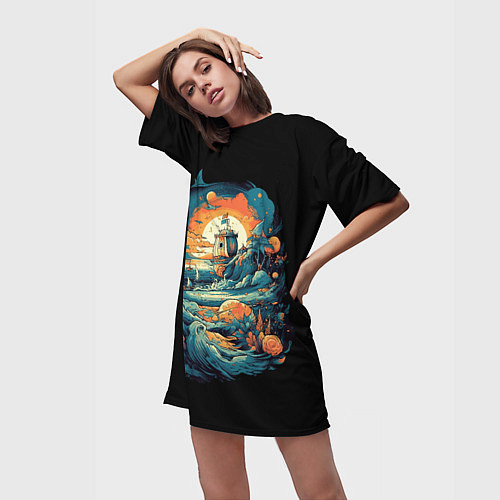 Женская длинная футболка Корабль и фантастические волны / 3D-принт – фото 3