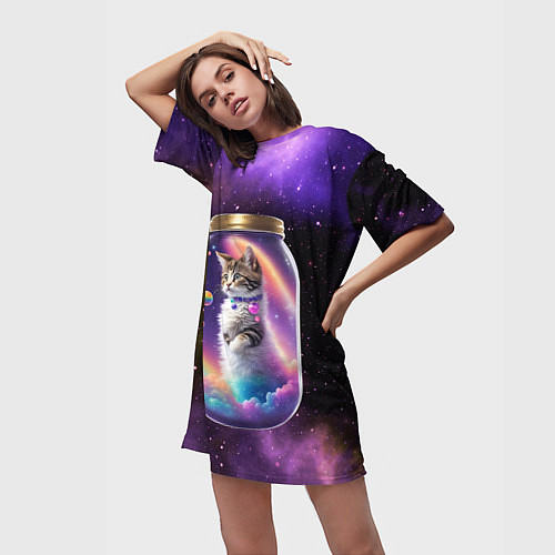 Женская длинная футболка Котик в звездном небе / 3D-принт – фото 3
