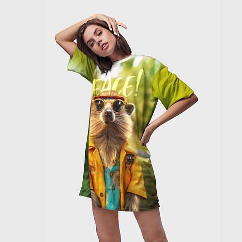 Женская длинная футболка Peace - хиппи квокка короткохвостый кенгуру / 3D-принт – фото 3