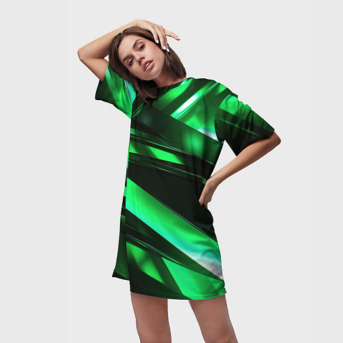 Женская длинная футболка Зеленая неоновая абстракция / 3D-принт – фото 3