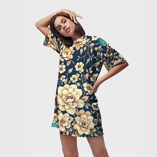 Женская длинная футболка Золотые цветы узор / 3D-принт – фото 3