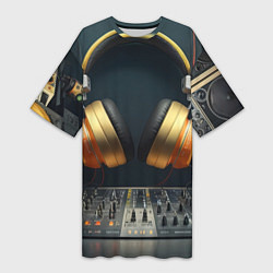 Футболка женская длинная Золотые наушники, цвет: 3D-принт