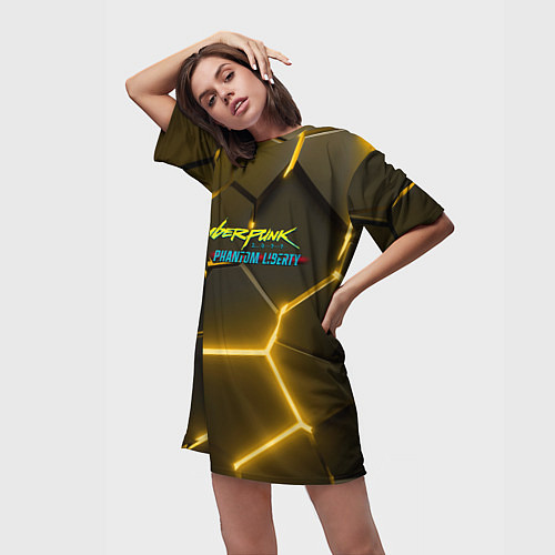 Женская длинная футболка Киберпанк призрачная свобода желтый неон / 3D-принт – фото 3