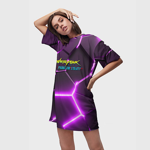 Женская длинная футболка Киберпанк призрачная свобода фиолетовый неон / 3D-принт – фото 3