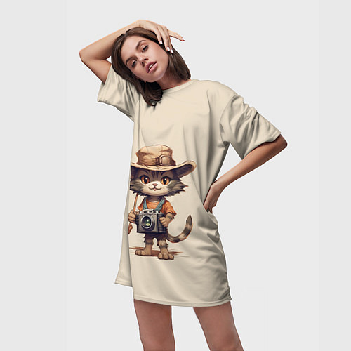 Женская длинная футболка Котенок в майке с фотоаппаратом / 3D-принт – фото 3