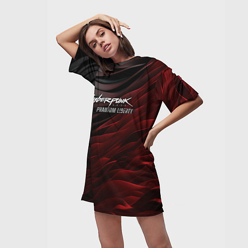 Женская длинная футболка Cyberpunk 2077 phantom liberty black red / 3D-принт – фото 3