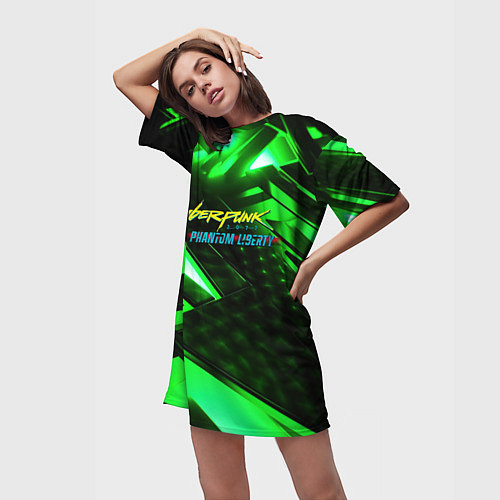 Женская длинная футболка Cyberpunk 2077 phantom liberty neon green / 3D-принт – фото 3
