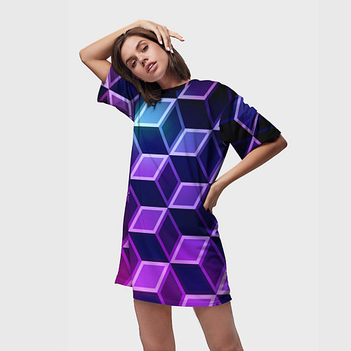 Женская длинная футболка Неоновые кубы иллюзия / 3D-принт – фото 3