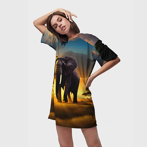 Женская длинная футболка Слон и рассвет в саванне / 3D-принт – фото 3