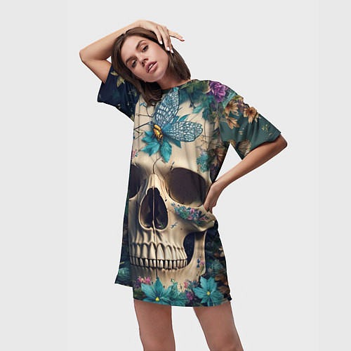 Женская длинная футболка Цветочный скелет / 3D-принт – фото 3