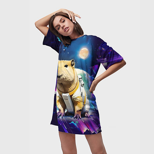 Женская длинная футболка Капибара-космонавт - нейросеть / 3D-принт – фото 3