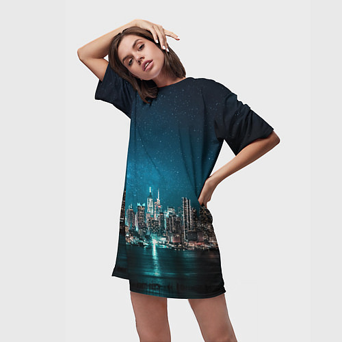 Женская длинная футболка Большой город в звездах / 3D-принт – фото 3