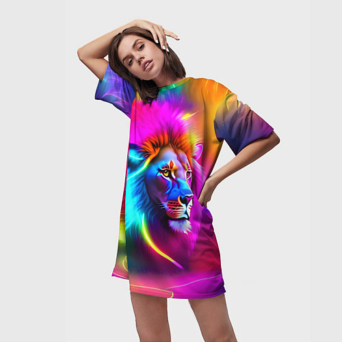 Женская длинная футболка Неоновый лев в цветовой абстракции / 3D-принт – фото 3