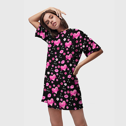 Женская длинная футболка Черный фон, барби и цветы / 3D-принт – фото 3