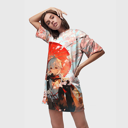Женская длинная футболка Казуха с зонтиком - Геншин Импакт / 3D-принт – фото 3