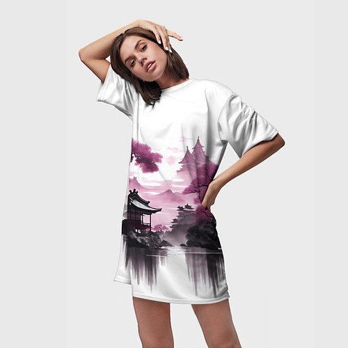 Женская длинная футболка Японские мотивы - фиолетовый / 3D-принт – фото 3