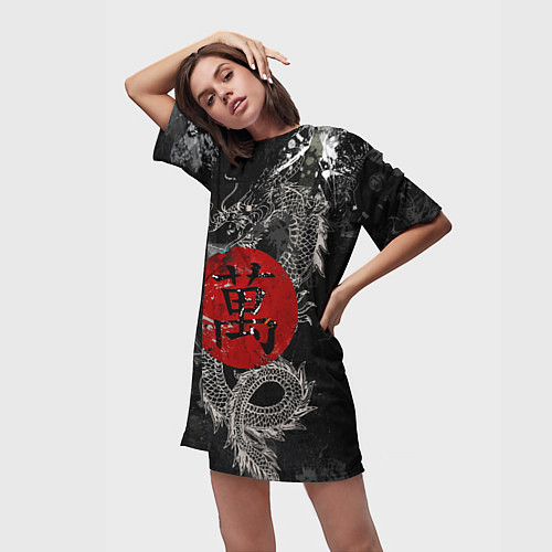 Женская длинная футболка Dragon - black grunge / 3D-принт – фото 3
