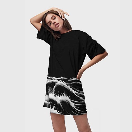 Женская длинная футболка Черные бущующие волны / 3D-принт – фото 3