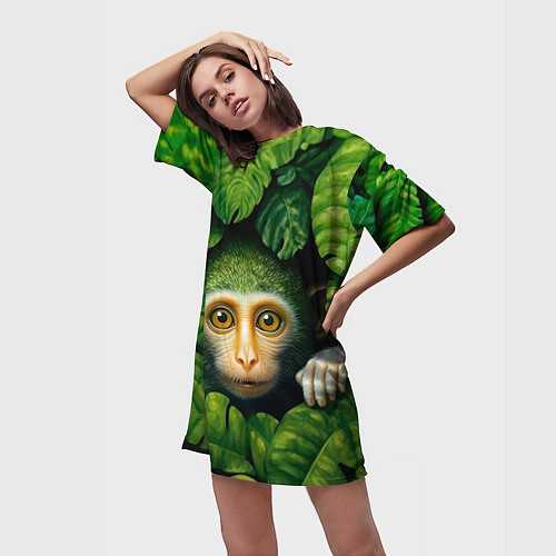 Женская длинная футболка Маленькая обезьянка в листьях / 3D-принт – фото 3