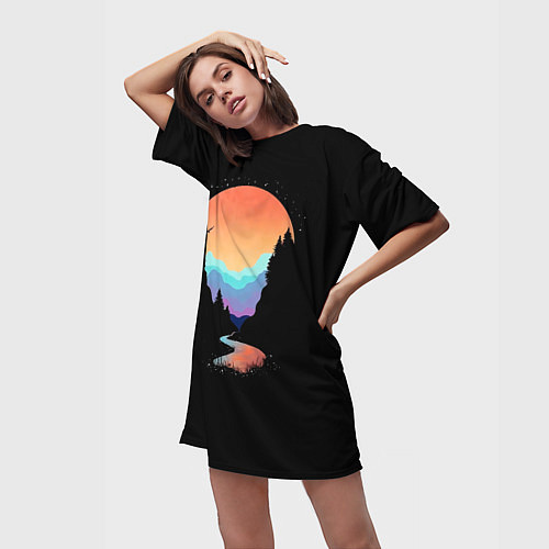 Женская длинная футболка Неоновое солнце SynthWave / 3D-принт – фото 3