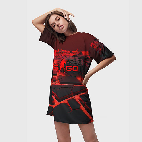 Женская длинная футболка CS GO red neon texture / 3D-принт – фото 3