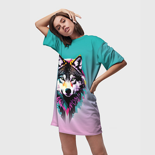 Женская длинная футболка Волчья морда - поп-арт / 3D-принт – фото 3