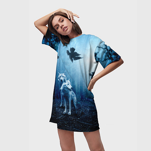 Женская длинная футболка Волки в ночном лесу / 3D-принт – фото 3