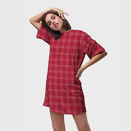 Женская длинная футболка Клетка бордовый паттерн / 3D-принт – фото 3