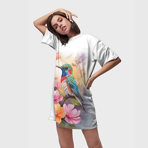 Женская длинная футболка Колибри и цветы - акварель / 3D-принт – фото 3