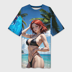 Футболка женская длинная Девушка с рыжими волосами на пляже, цвет: 3D-принт