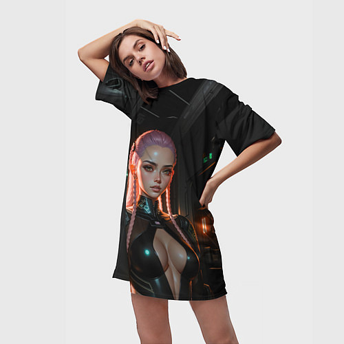 Женская длинная футболка Красивая девушка киберпанк / 3D-принт – фото 3