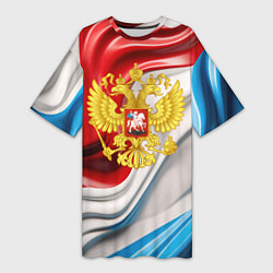 Футболка женская длинная Герб России на фоне флага, цвет: 3D-принт